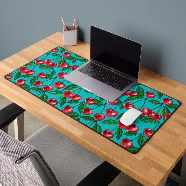 Red cherries on turquoise desk mat (Office 2)