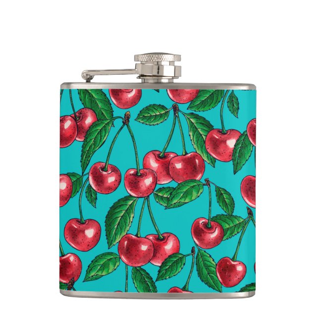 Red cherries on turquoise hip flask (Front)