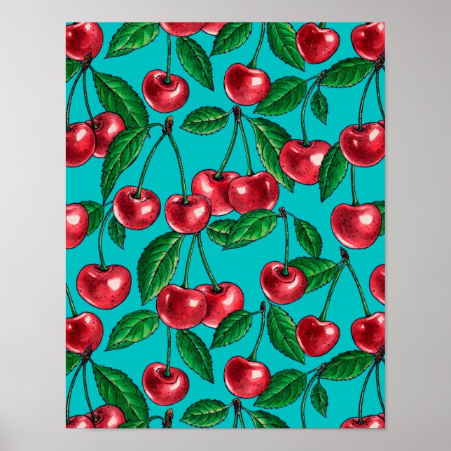 Red cherries on turquoise poster (Front)