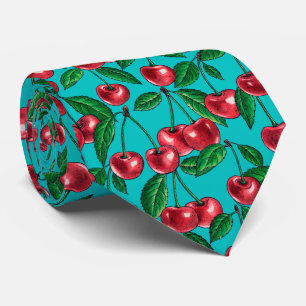 Red cherries on turquoise tie