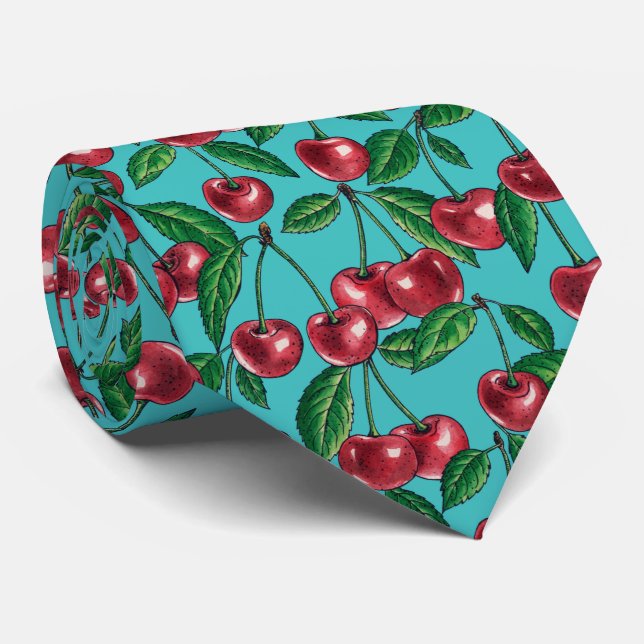 Red cherries on turquoise tie (Rolled)
