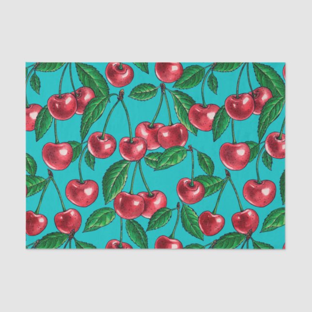 Red cherries on turquoise tissue paper (Front)