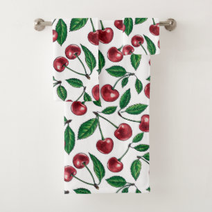 Red cherries on white bath towel set