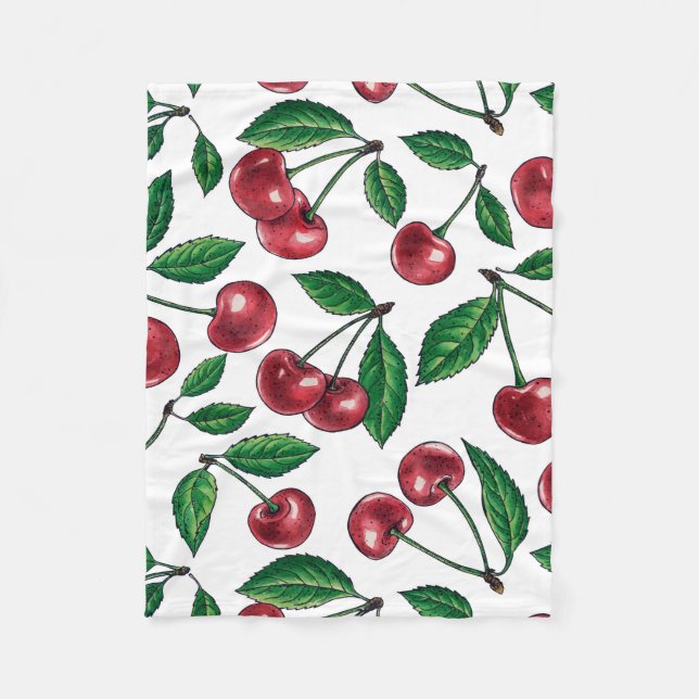 Red cherries on white fleece blanket (Front)