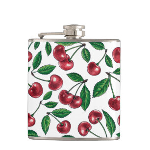 Red cherries on white hip flask