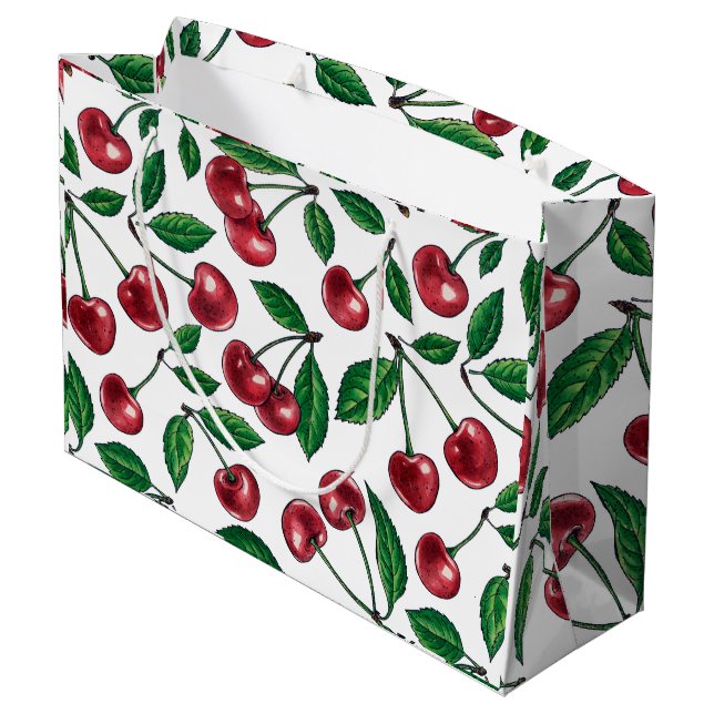 Red cherries on white large gift bag (Back Angled)
