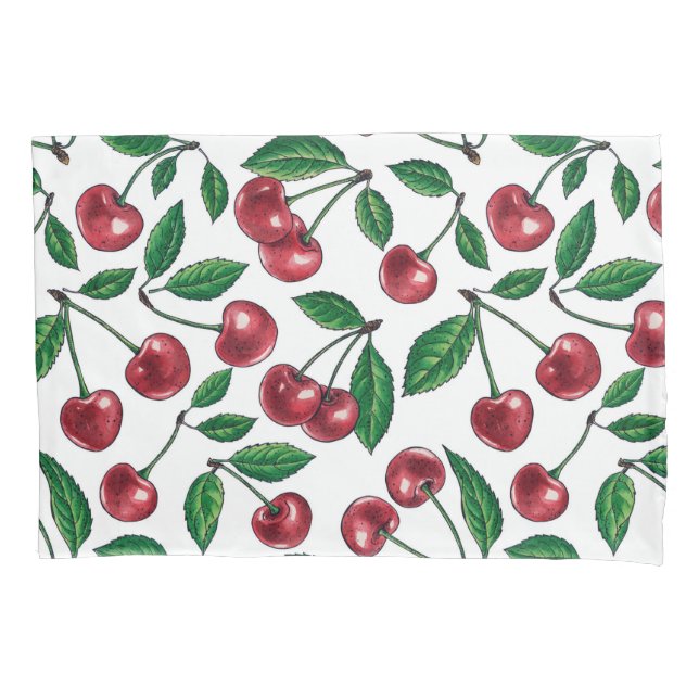 Red cherries on white pillowcase (Front-Left)
