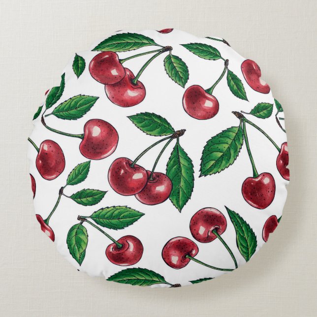 Red cherries on white round cushion (Front)