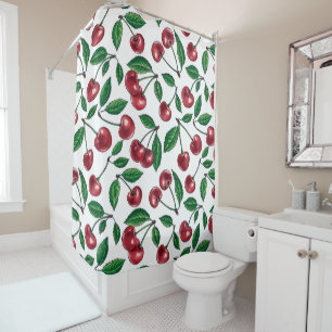 Red cherries on white shower curtain