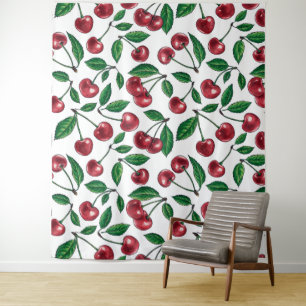 Red cherries on white tapestry