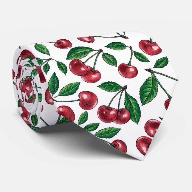 Red cherries on white tie (Rolled)