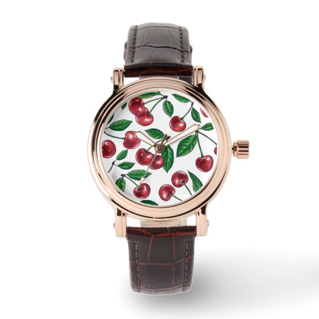 Red cherries on white watch (Front)