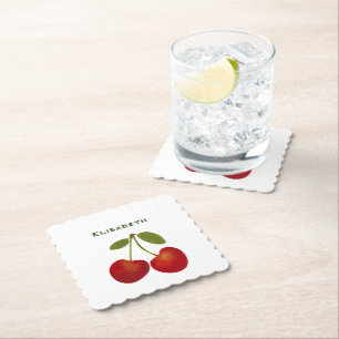Red Cherries Personalise Custom Name Birthday Paper Coaster