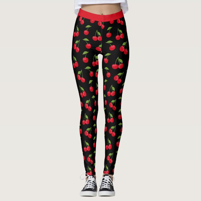 Red Cherries Red and Black Patterned Leggings (Front)