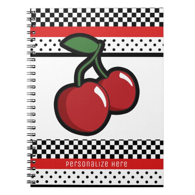 Red Cherries Red Black & White Retro Custom Spiral Notebook (Front)