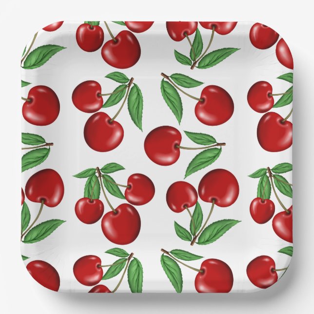 Red Cherries Retro Style Graphic Print Paper Plate (Front)