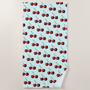 Red Cherries Sky Blue Beach Towel - Choose Colour