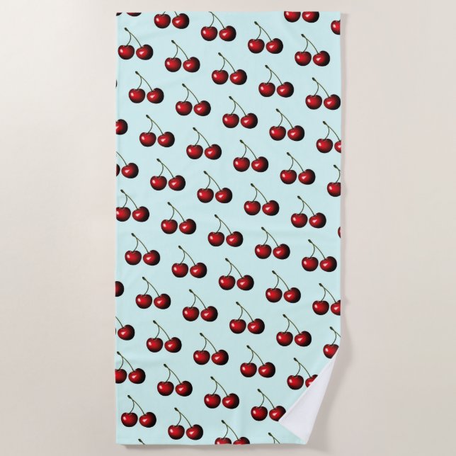 Red Cherries Sky Blue Beach Towel - Choose Colour (Front)
