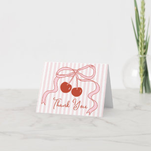Red Cherries with Bow Classy Pink Stripe Girly Thank You Card