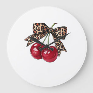 Red Cherries with Leopard Bow – Illustration Co Large Clock