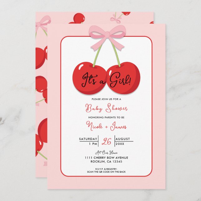 Red Cherries with Pink Bow Coquette Baby Shower Invitation (Front/Back)