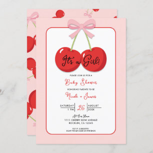 Red Cherries with Pink Bow Coquette Baby Shower Invitation