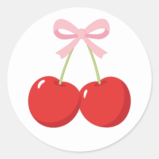 Red Cherries with Pink Bow Coquette Birthday Party Classic Round Sticker (Front)