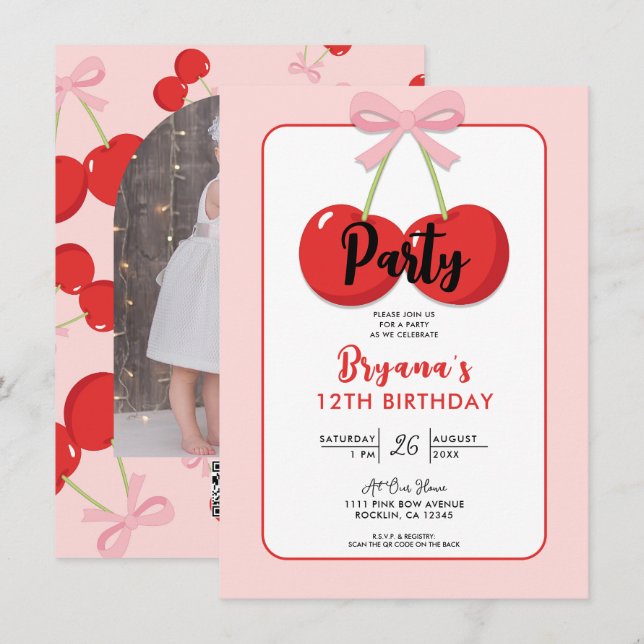 Red Cherries with Pink Bow Coquette Birthday Party Invitation (Front/Back)