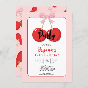Red Cherries with Pink Bow Coquette Birthday Party Invitation