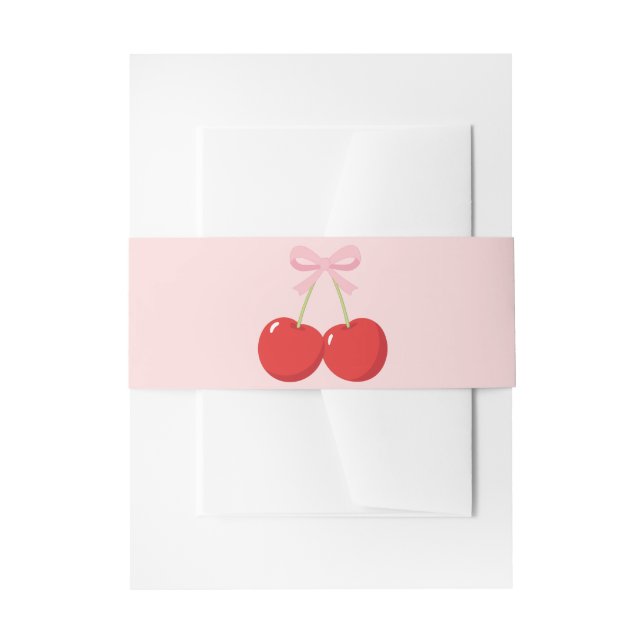 Red Cherries with Pink Bow Coquette Birthday Party Invitation Belly Band (Front Example)