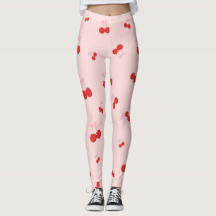 Red Cherries with Pink Bow Coquette Cottage Chic Leggings