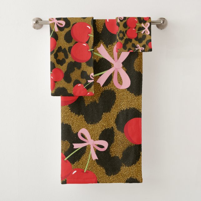 Red Cherries with Pink Bow Coquette Leopard Print Bath Towel Set (Insitu)