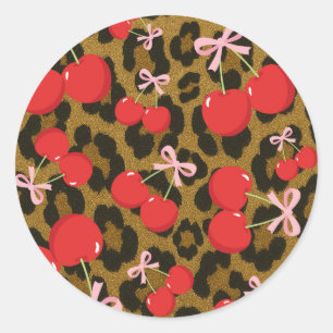 Red Cherries with Pink Bow Coquette Leopard Print Classic Round Sticker