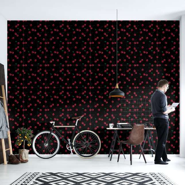 Red Cherry Black Peel and Stick Wallpaper (Living Room)
