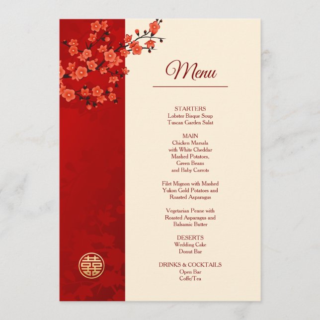 Red Cherry Blossom Chinese Wedding Menu (Front)