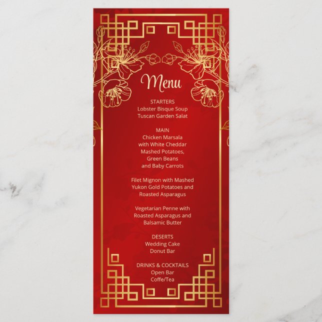 Red Cherry Blossom Chinese Wedding Menu Card (Front)