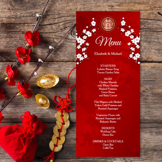 Red Cherry Blossom Chinese Wedding Menu Card (Creator Uploaded)