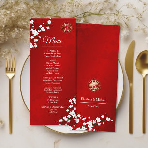 Red Cherry Blossom Chinese Wedding Menu Card