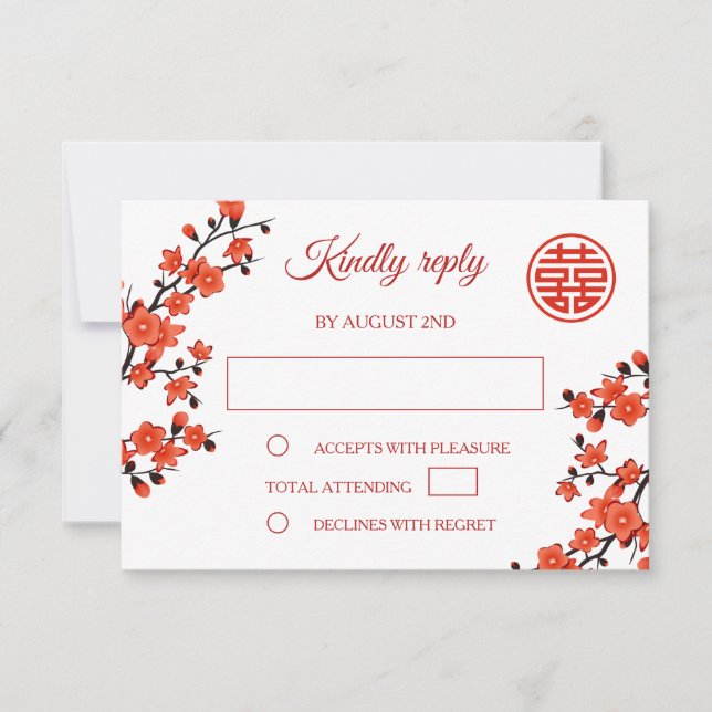 Red Cherry Blossom Chinese Wedding RSVP Card (Front)