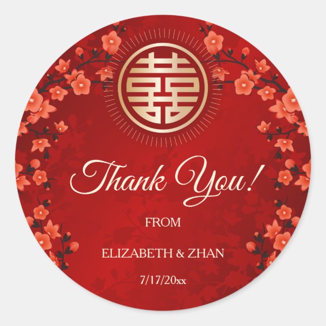 Red Cherry Blossom  Chinese Wedding Thank You Classic Round Sticker (Front)
