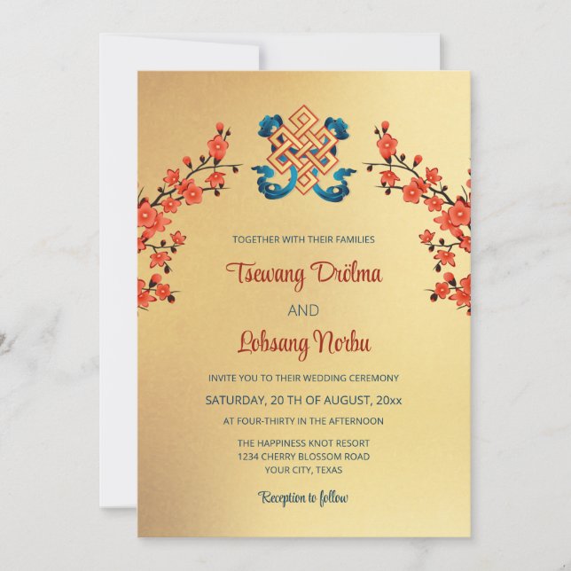 Red Cherry Blossom Endless Knot Tibetan Wedding Invitation (Front)
