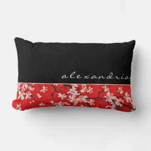 Red Cherry Blossom Floral Black Custom Name Lumbar Cushion