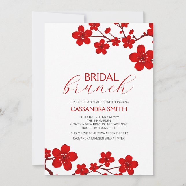 Red Cherry Blossom Floral Bridal Brunch Invitation (Front)