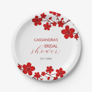 Red Cherry Blossom Floral Bridal Shower Paper Plate