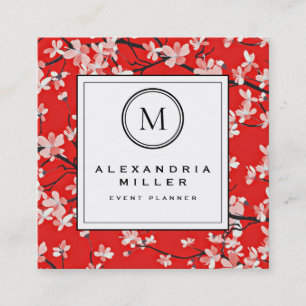 Red Cherry Blossom Floral Monogram Square Business Card