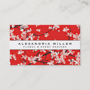 Red Cherry Blossom Floral White Banner Business Card