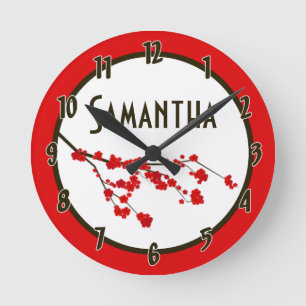 Red Cherry Blossom Flower Personalised Clock