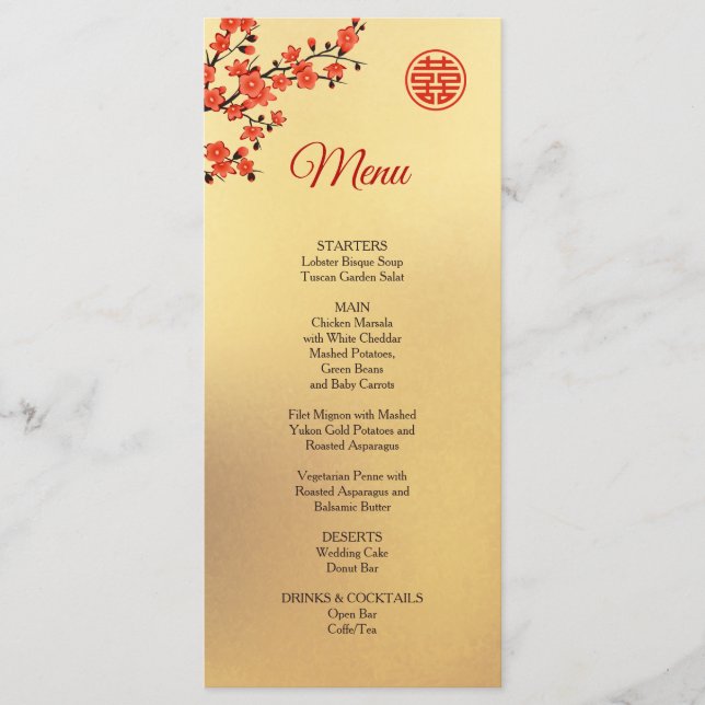 Red  Cherry Blossom Gold Chinese Wedding Menu (Front)