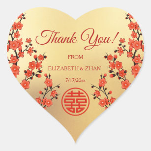 Red Cherry Blossom Gold Chinese Wedding Thank You Heart Sticker
