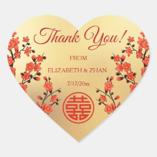 Red Cherry Blossom Gold Chinese Wedding Thank You Heart Sticker